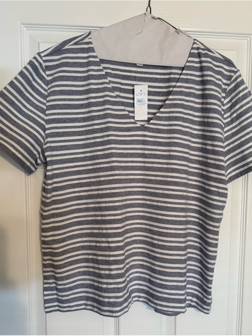 LOFT Navy and White Striped V-Neck Short Sleeve Top